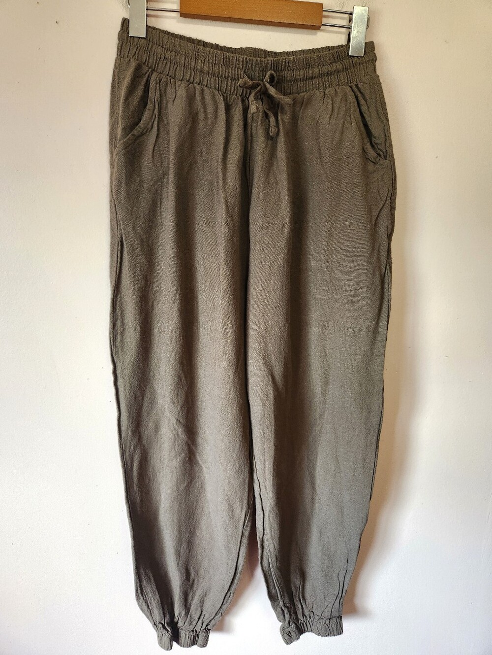 Love Streak Olive Green Rayon Linen Blend Pull-On Jogger Harem Pants Size L